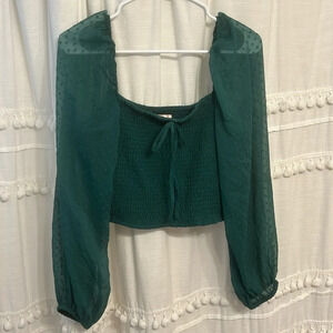 BOG collective Green Smocked Crop Top Sheer Puff Sleeves Square Neckline Size M